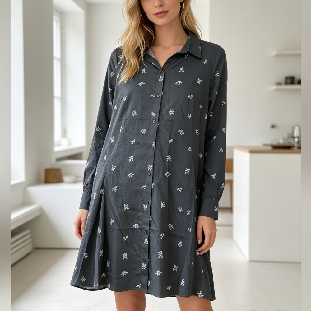 Part Two Black Button Front Shirt Dress White Floral Print Midi Dress EU 36 S